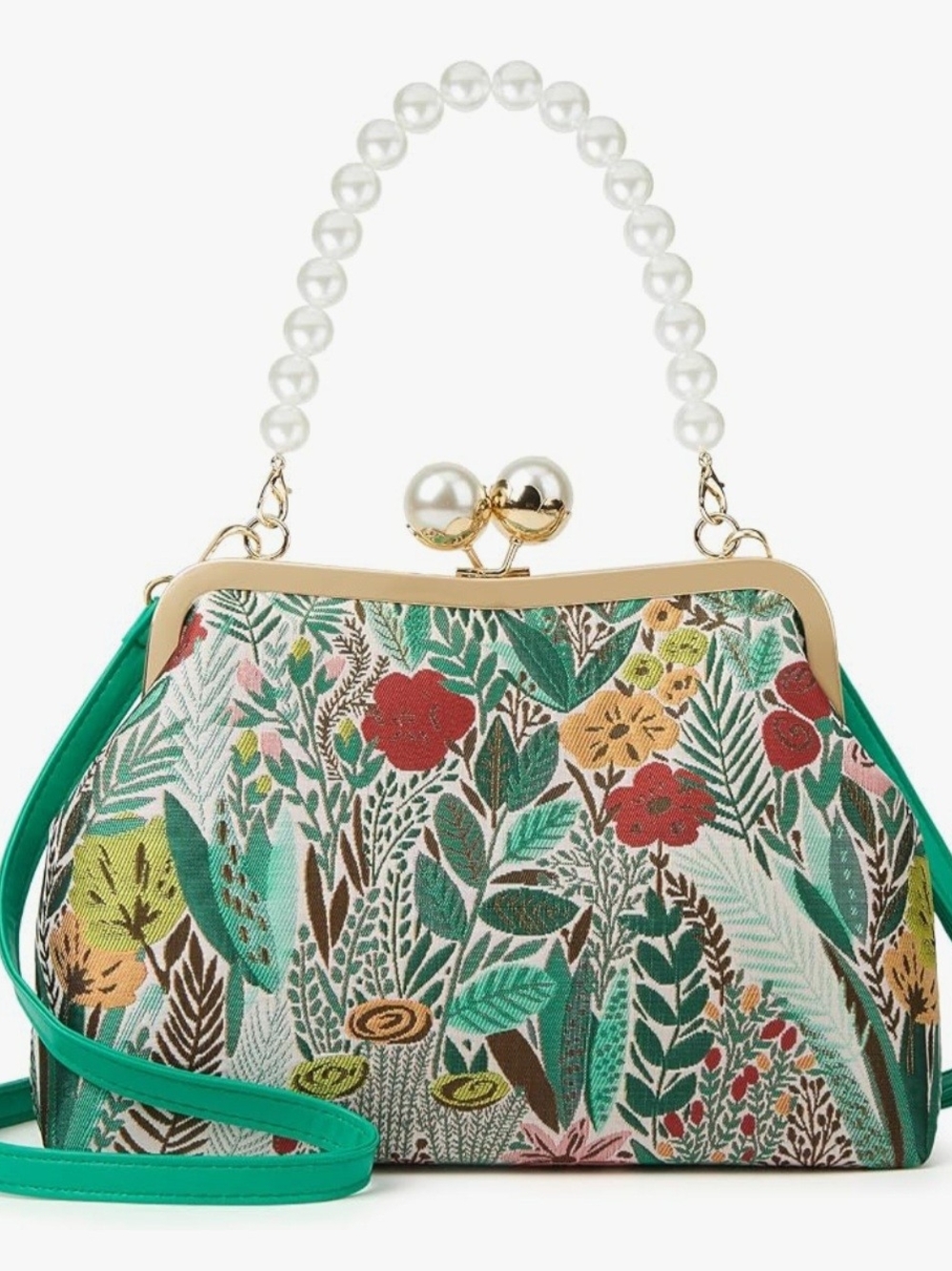 Floral Pearl-Handle Crossbody Bag in Green